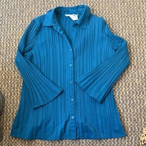 3/$25 🩵 Fred David Stretch Teal Ribbed Button Down Blouse M Y2K Career Chic